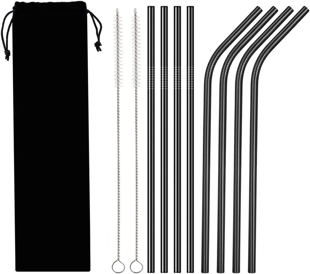 10PCS/Set Stainless Steel Straws, 8.5in Straight/Curved Reusable Replacement Metal Straws With Cleaning Brush For 20oz Tumblers - KKAAyueqin (black)