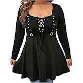 SOLY HUX Women's Plus Size Peplum Tops Lace Up Square Neck Long Sleeve Ruffle Hem Tee Flowy Casual T Shirt