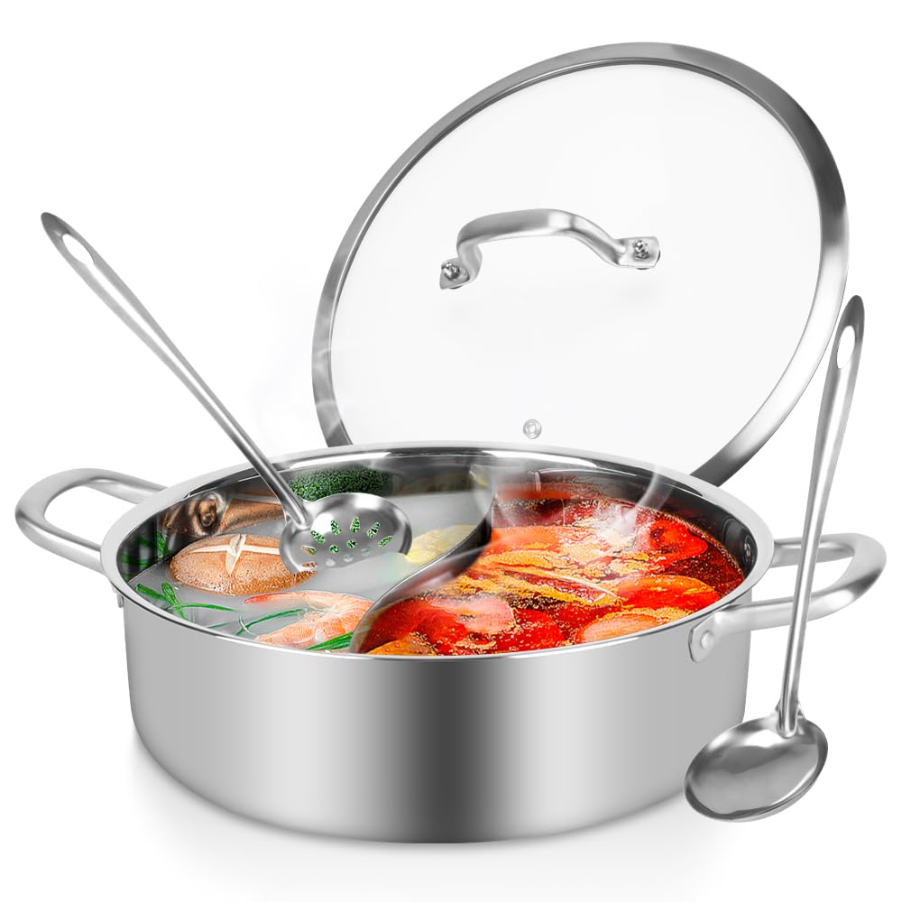 Photo 1 of Hot Pot with Divider, Shabu Shabu Hot Pots Food Grade Stainless Steel Chinese Dual Sided Pot Set for Induction Cooktop Gas Stove
