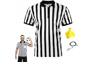 Men's Official Referee Shirt, Black & White Stripe Zipper Ref Shirt with Penalty Flag and Whistle for Football Soccer Sports