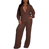 Elainone Women's 2 Piece Outfits Button-Down Shirt Long Sleeve and Flare Pleated Wide Leg Pant Sets With Pocket