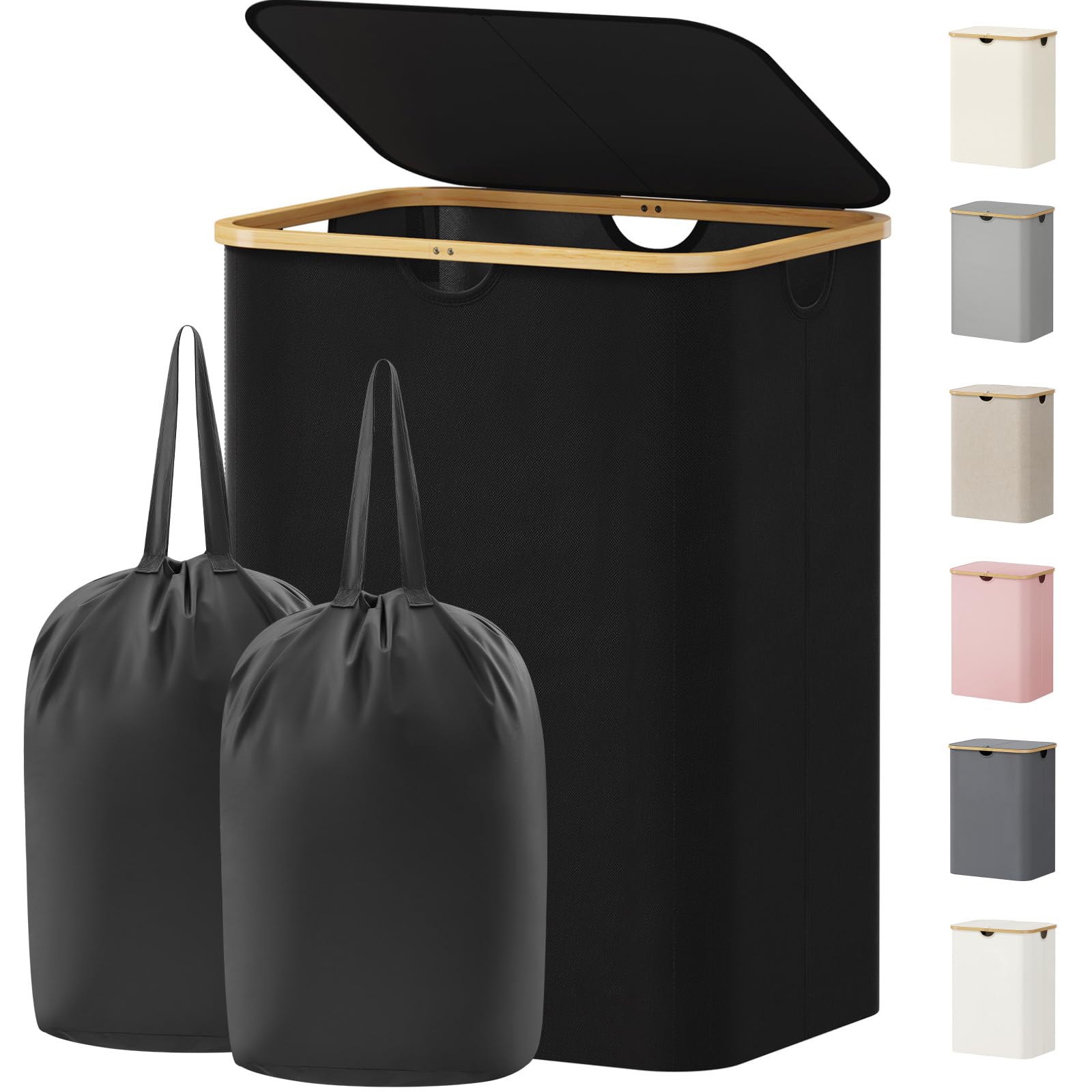 Lifewit 150L Laundry Basket with Lid, Double Dirty Clothes Bin with Bamboo Handles and 2 Removable Bags, Large Foldable Washing Basket for Bedroom, Bathroom, Dorm, Laundry Room, Black