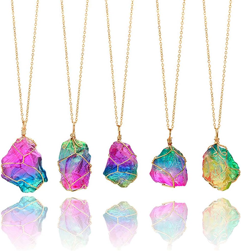 Irregular Handmade Natural Raw Healing Crystal Pendant Necklace Gemstone Birthstone Jewellery,Golden Wire Wrap Multicolored Crystal Stone - Random Color
