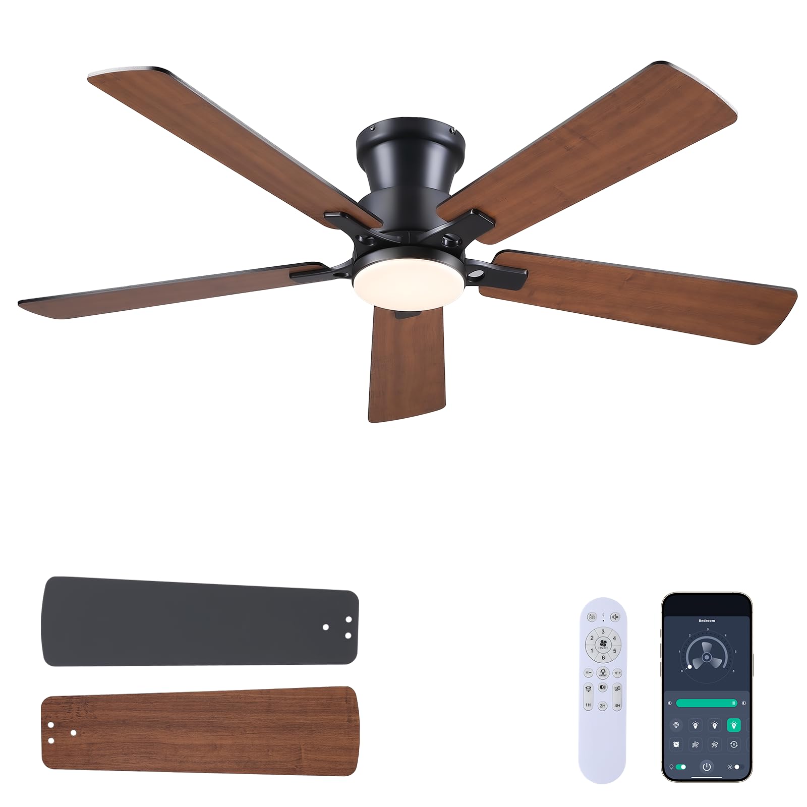 Photo 1 of JSAITEE 52Inch Ceiling Fan with Lights and Remotes, Modern Smart Flush Mount Ceiling Fans,DC Reversible Motor, 3CCT Dimmable,Noiseless,Dual Finish, Brown 6 Speeds Ceiling Fan for Indoor/Outdoor