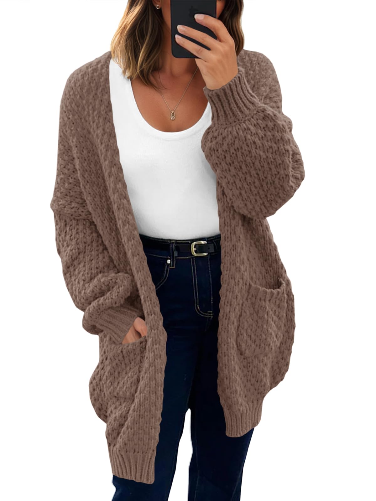 Photo 1 of Saodimallsu Womens Oversized Open Front Cardigans Fall Chunky Knit Lantern Long Sleeve Sweater Coats with Pockets Brown (Size Unknown)
