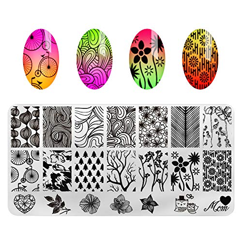 AIMEILI Nail Art Stamping Templates Manicure Tool Kit, 5pcs Nail Stamping Plates, 2 Stamper, 2 Scraper, 1 Latex Peel Off Tape