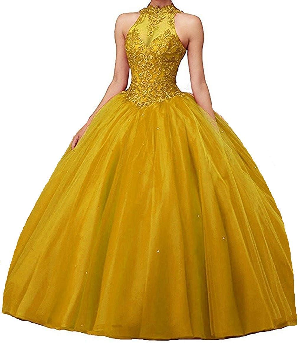 Jurong Women's Quinceanera Appliques High Neck Beads Long Pageant Dress