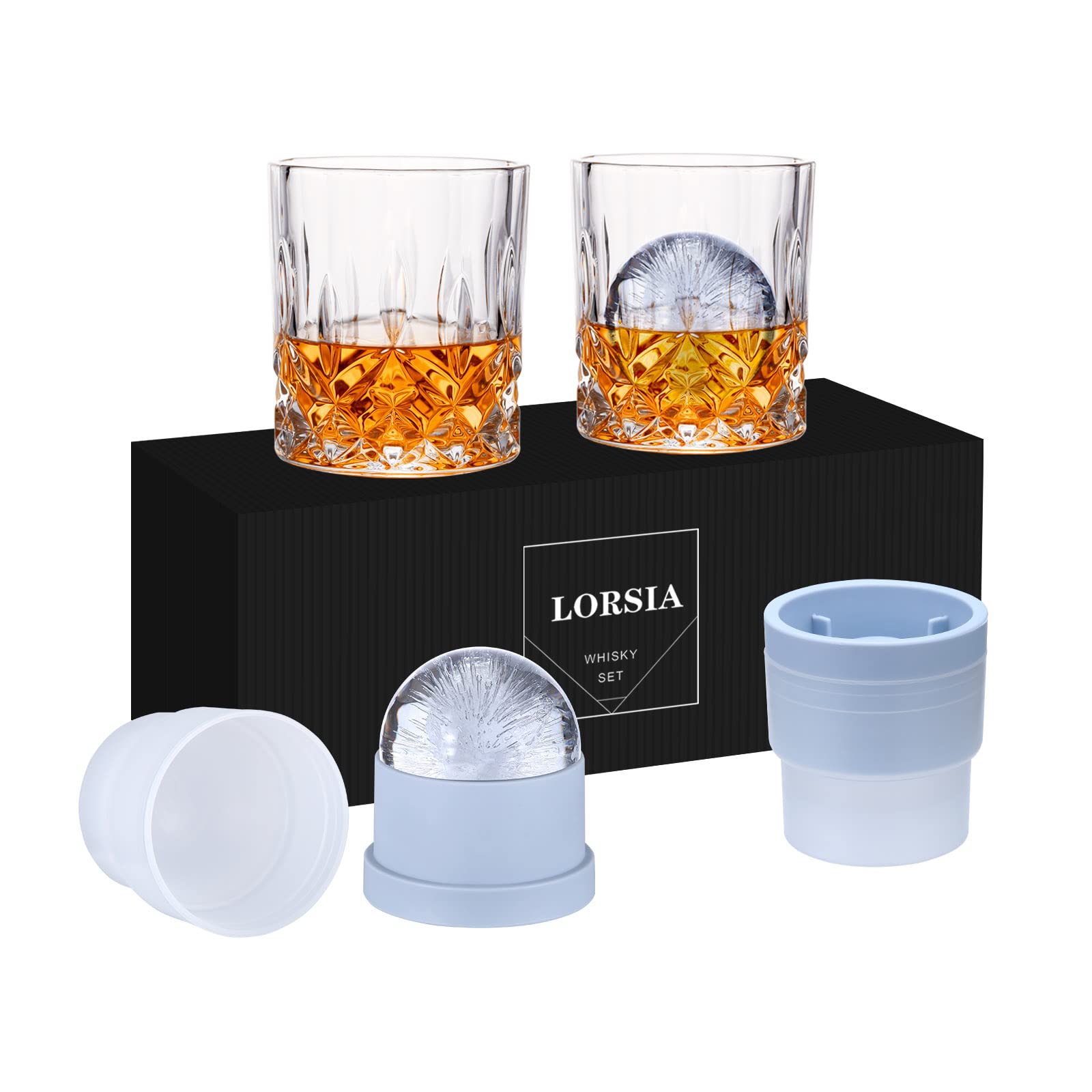 LORSIA Whisky Glass, Set of 4 (2 Crystal Tumbler Glasses, 2 Large Ice Ball Moulds) in Gift Box - 300ml Whiskey Glasses for Scotch Cocktail Rum Cognac Vodka Liqueurs, Unique Gifts for Men