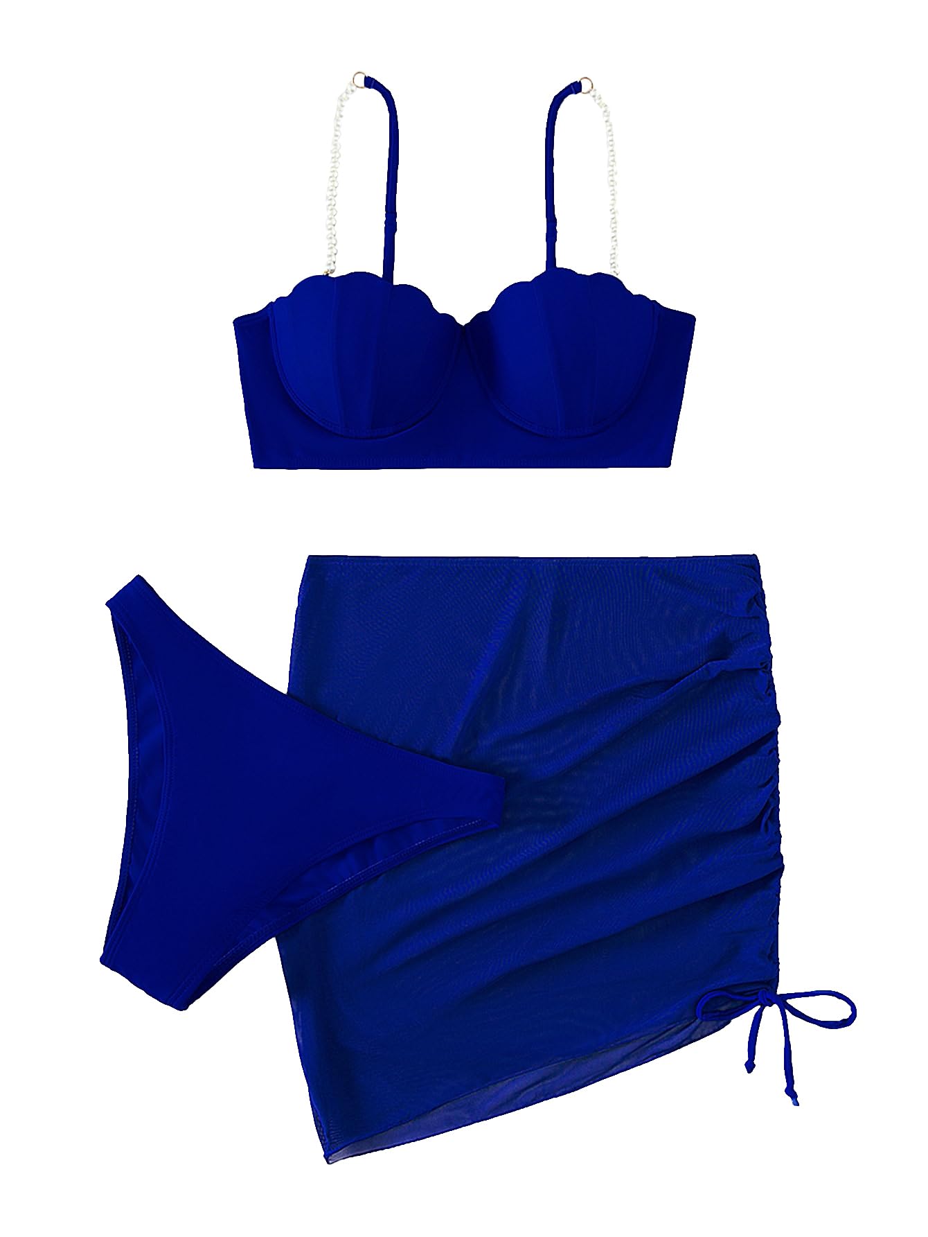 Photo 1 of RoseSeek Women's 3 Piece Swimsuits Pearls Spaghetti Straps Push Up Bikini Set with Drawstring Mesh Coverups Skirts Blue Large