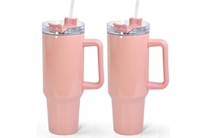 FECBK 40 oz Sublimation Tumbler with Handle 2 Pack Sublimation Tumblers Blanks with Straw and Lid Stainless Steel Insulated Travel Mug Cups for Keep Hot/Cold Hours, DIY Gift(Macaron-Pink)