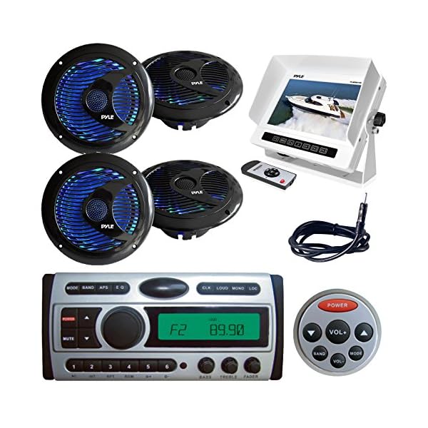 New-Pyle-PLDMR87-15-Din-Marine-Yacht-Waterproof-AMFM-CDDVDMP3-Radio-Stereo-Receiver-Remote-With-4-X-Pyle-PLMR6LE-65-Inch-LED-Light-Marine-Speakers-And-PLMRM71W-Hydra-Series-Marine-Grade-Water-Resistan