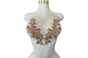 ESOSZNUA Handmade Bodice Rhinestones Applique Sewing Glass Beads Stones Crystal Trim Lace Patches for Dress Clothing Accessories 1pair/Bag 3.1X9.4inches (Champagne)