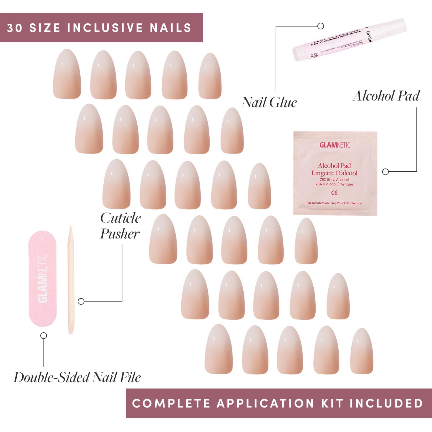 Glamnetic Press On Nails - Fiancéd | Short Almond Fake Nails with a Nude Ombré for Weddings, Glossy Glazed Finish, Reusable | 15 Sizes - 30 Nail Kit with Glue - Image 4