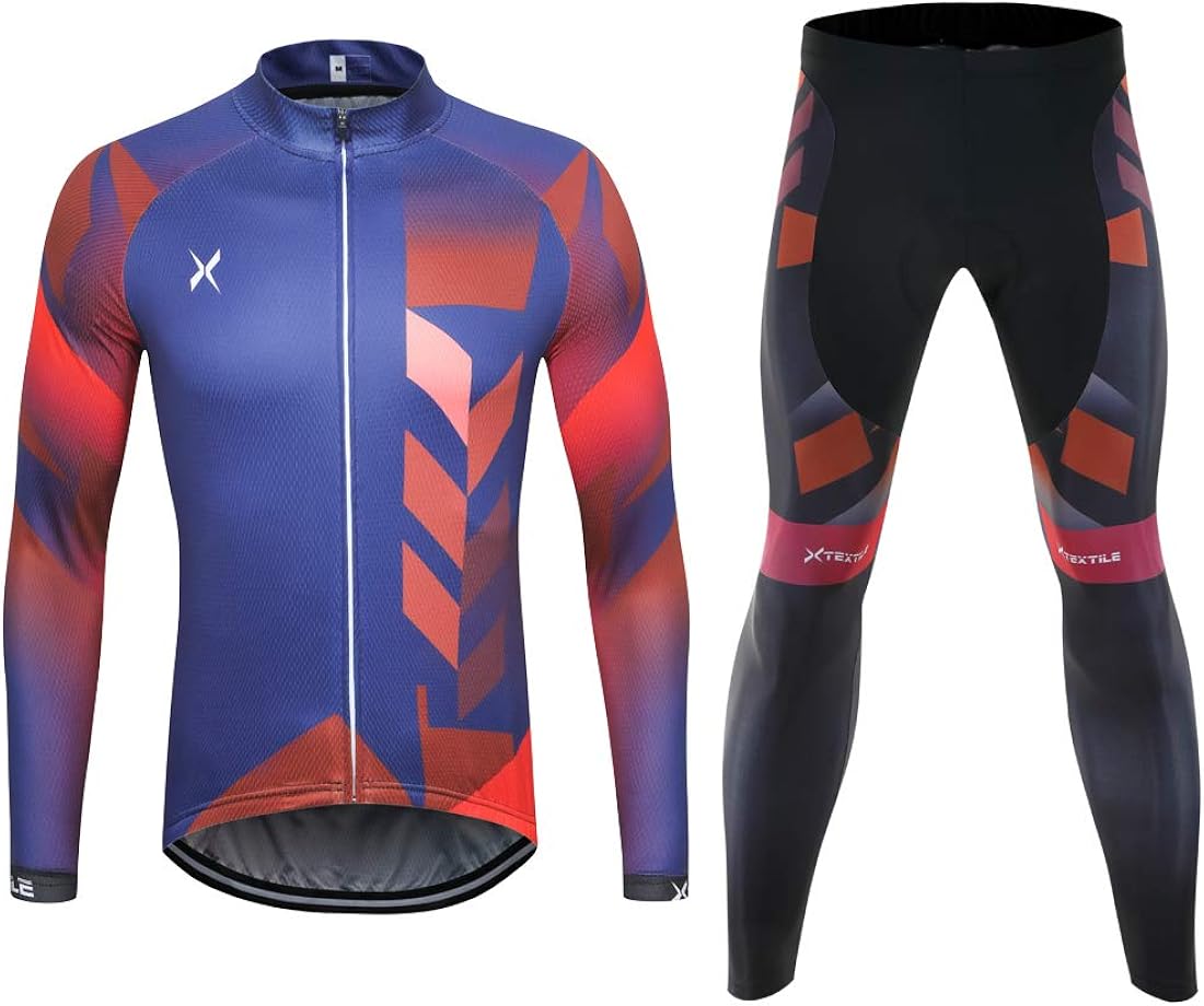 Xtextile Men's Cycling Jersey Set with Full Zipper Long Sleeves Bicycle Shirt and 4D Coolmax Padded Cycling Tights Leggings: Clothing