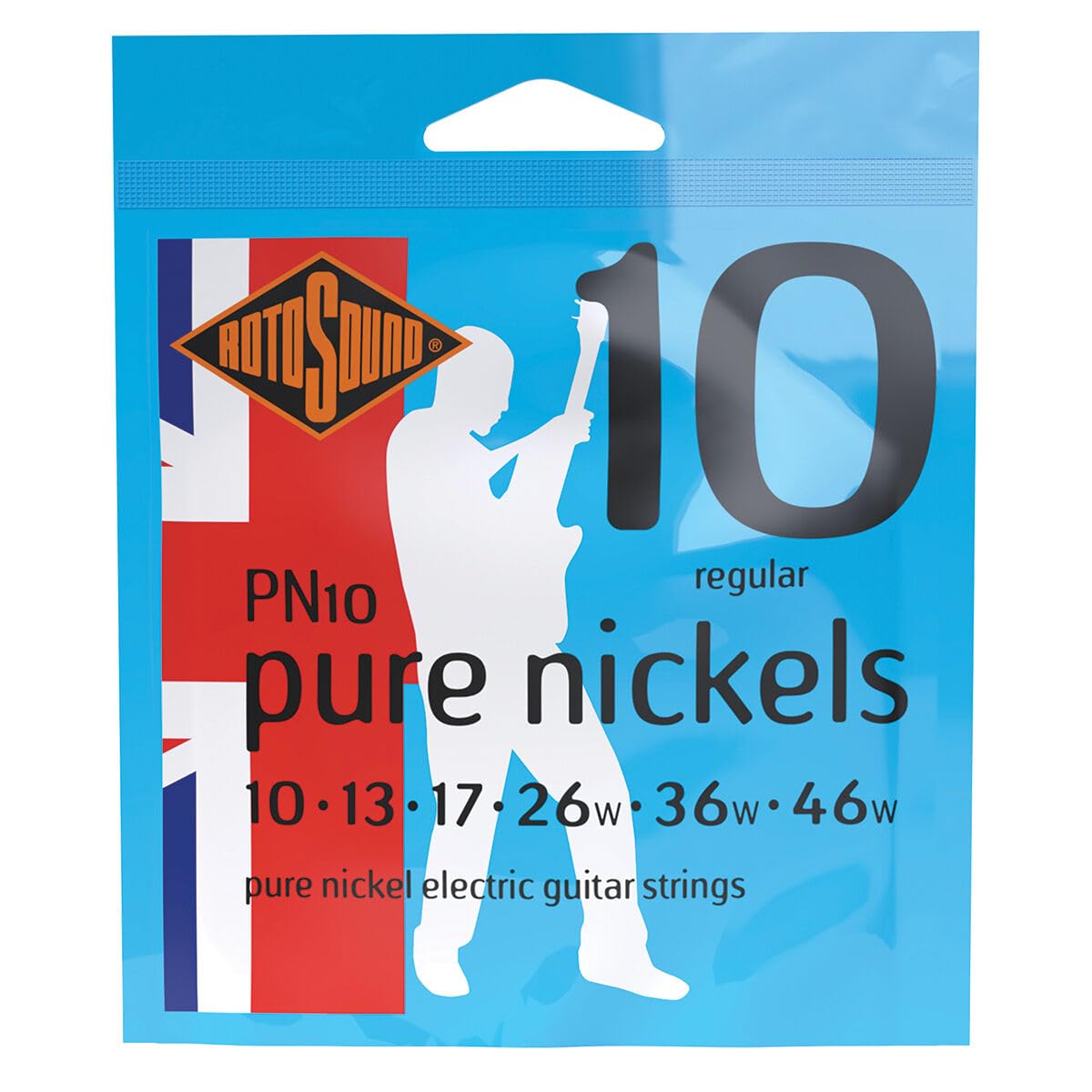 Rotosound PN10 Pure Nickel Regular Gauge Electric Guitar Strings (10 13 17 26 36 46), White Black Red Blue