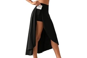 Women's Black SkinSoft Sports Maxi Skirt-Split Hem Pocket Long Skirt Pants