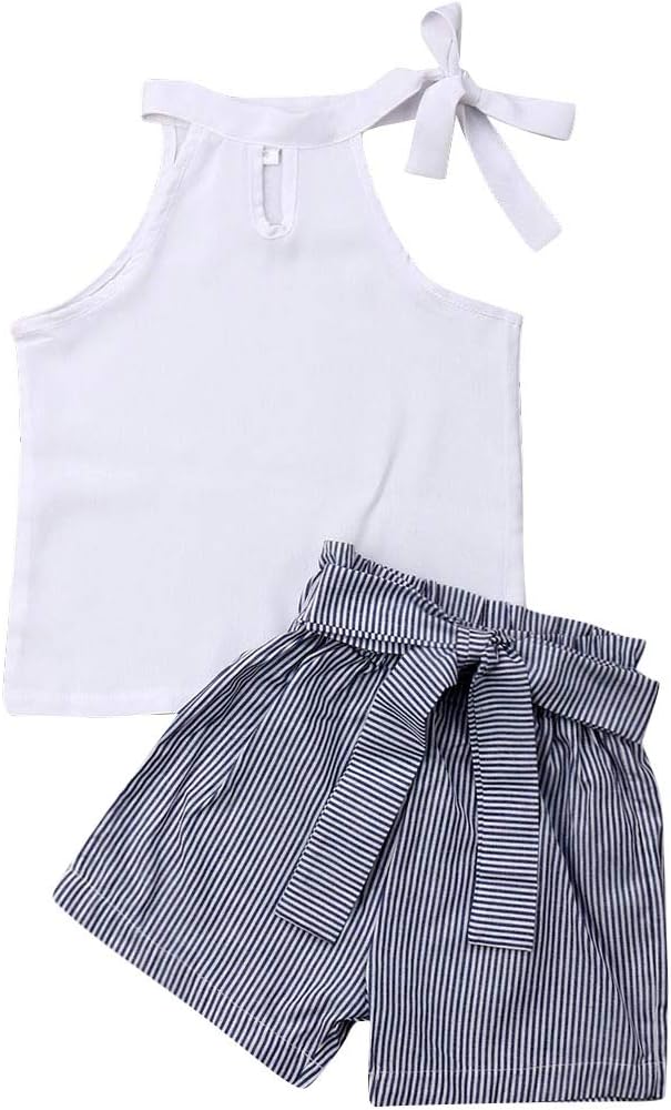 Toddler Baby Girls Sleeveless Pleated Crop Top+Striped Ruffle Shorts+Headband Outfits Summer 3 PCS Clothes Set