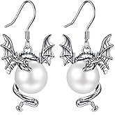 Dragon Earrings for Women 925 Sterling Silver Vintage Oxidized Dragon Pearl Dangle Earrings Jewelry Mother's Day Gifts for Women Girls
