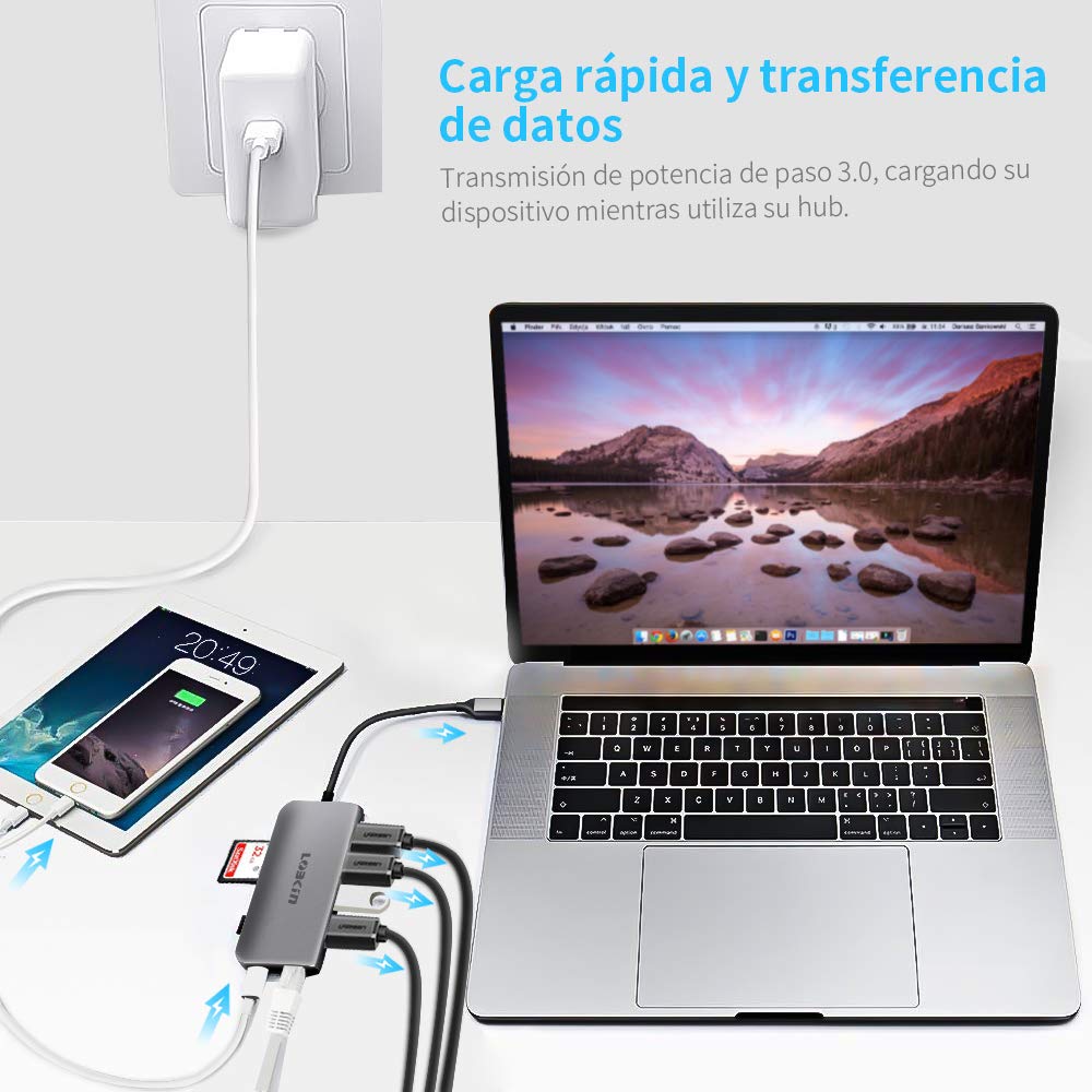 LOBKIN Hub USB-C 8 en 1 con Carga PD, Fabricado en Aluminio, Puerto ethernet, Salida HDMI 4K, 4 USB 3.0, Ranura SD y Micro SD, Puerto de Carga Tipo C