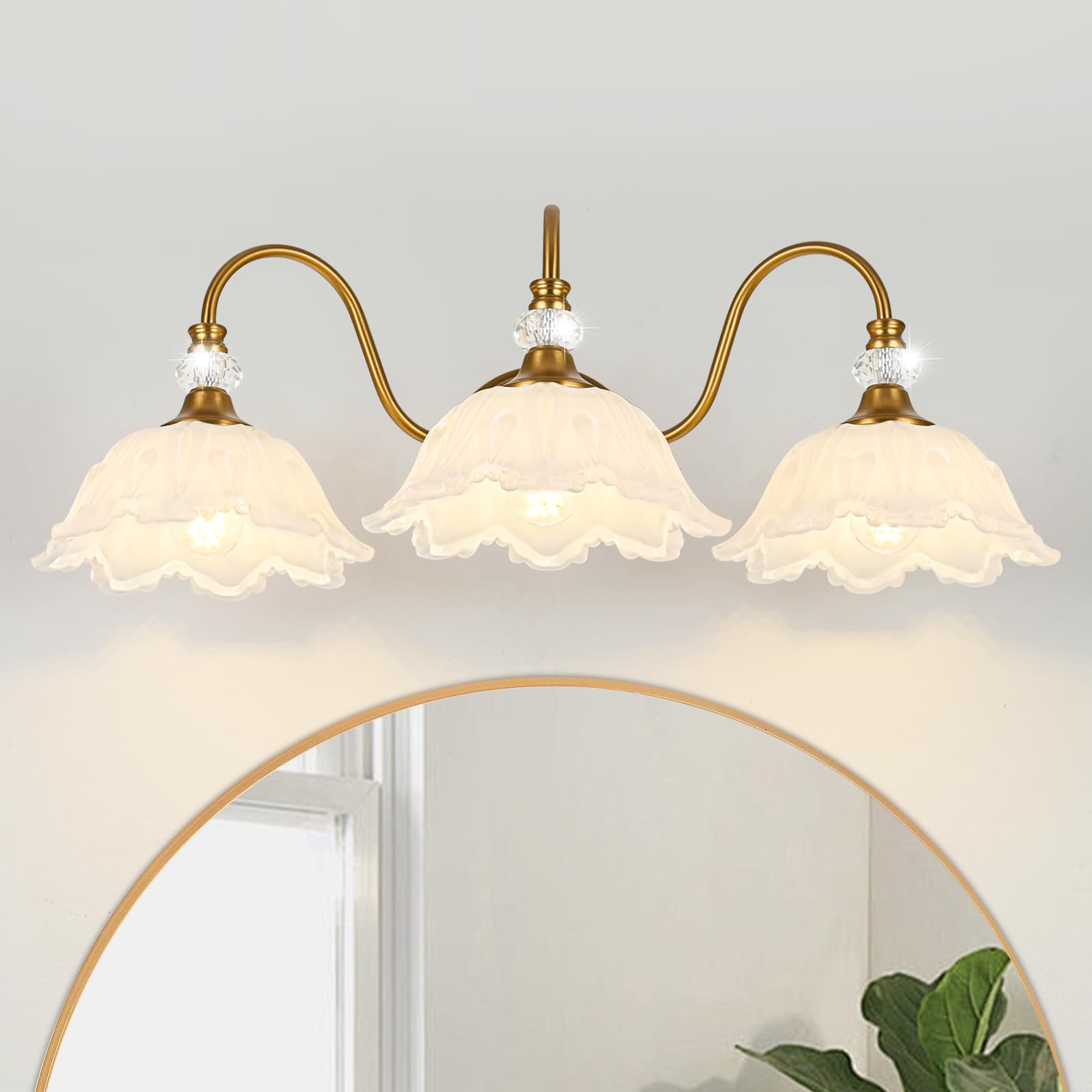 Photo 1 of sunkryster Vintage Bathroom Vanity Light, 3-Light Matte Brass Finish Vanity Light with Floral White Glass Shades, Retro Wall Sconce for Bathroom, Dressing Table