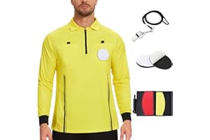 REDGINO Soccer Referee Shirt Jersey kit Long Sleeve Pro Ref Costume Umpire Uniform with 3 Pcs Replace 3" Round Adhesive Hook & Loop Badge Holder, Referee Wallet with Red Card and Yellow Card