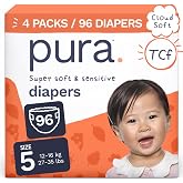 Pura Baby Diapers Size 5 (27-35 lbs) 96 Count Sensitive Skin | 12 Hour Leak Protection, New Blowout Blocker, Cloud Soft, Totally Chlorine Free*, Allergy UK Certified