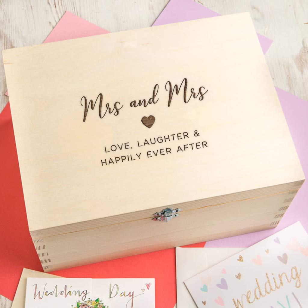 Dust and Things Mrs & Mrs Keepsake Box - Gay Couple Wedding Gift - Lesbian Anniversary - Engraved Wooden Memory Box