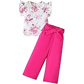 Valseclub Kids Girl Clothes Floral Print Ruffle Sleeveless Tank and Wild Leg Pant 2 Piece Outfit Set 2-8 Years