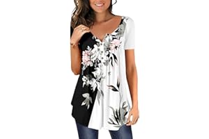 onlypuff Womens Short Sleeve Summer Tops for Leggings Loose Fit Button Henley V-Neck Tunic Blouse Shirts S-3XL