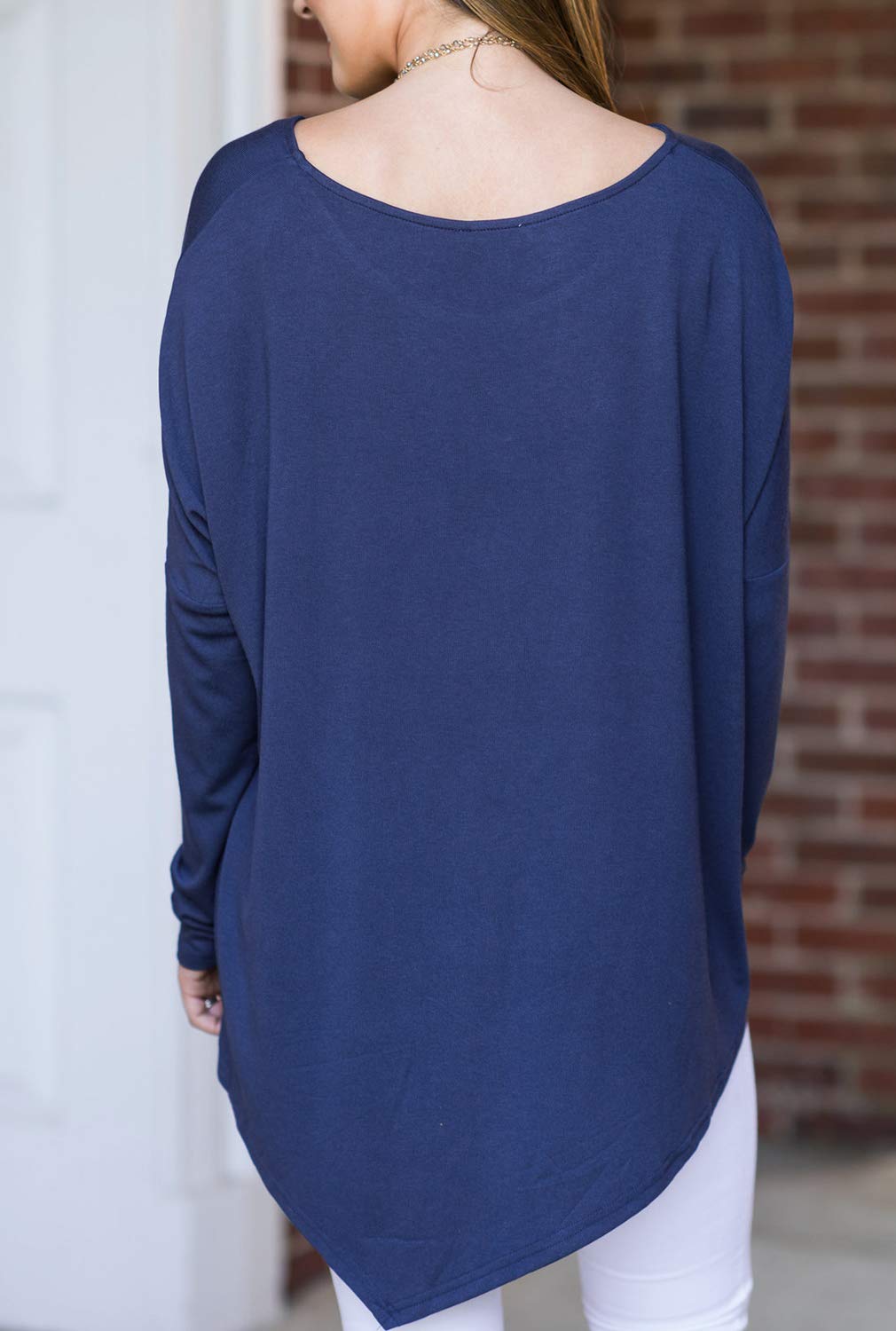 Blooming Jelly Ladies Long Sleeve Top Longline T Shirt Asymmetric Hanky Hem Tunic Boat Neck Jumper For Women Navy Blue,S