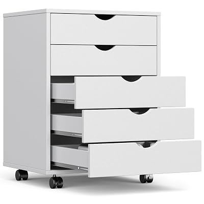 OLIXIS 5 Drawer Mobile File Cabinet Under Desk Storage Organization with Wheels Vertical Filing Chest Rolling Wood Small Desk Printer Stand for Home Office, 15.75"D x 18.74"W x 25.39"H, White