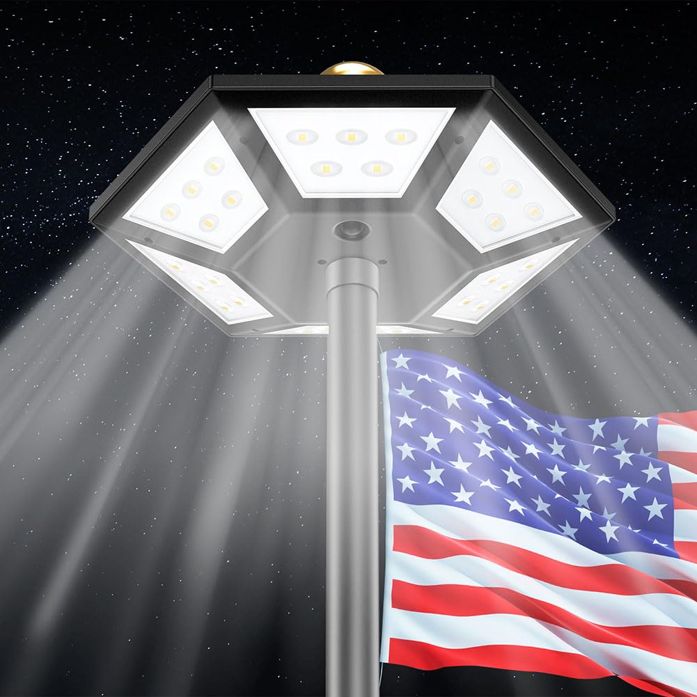 Photo 1 of Flag Pole Light Solar Powered Top Mount, 2000Lumen IP67 Waterproof Solar Light for Flagpole, Light Up Flag Outdoor Dusk to Dawn for 18+ Hours with Twice Coverage Than Downward Lighting