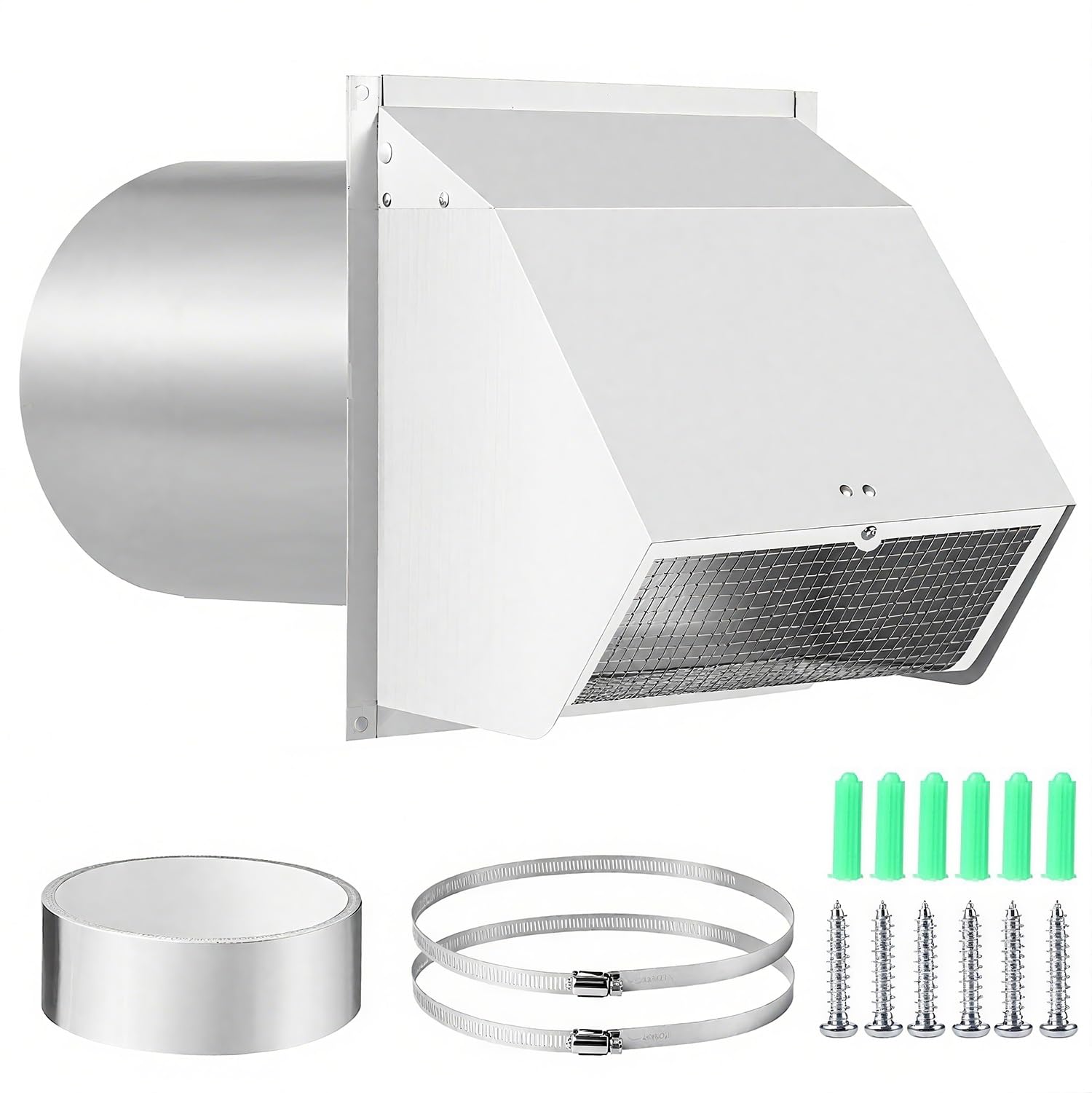 Photo 1 of 4 Inch Wall Vent Cover with Screen and Damper,Heavy Duty Stainless Steel Exhaust Vent Cover Cap,Dryer Vent Pipe is 8-1/4 inch and Long Enough for House White