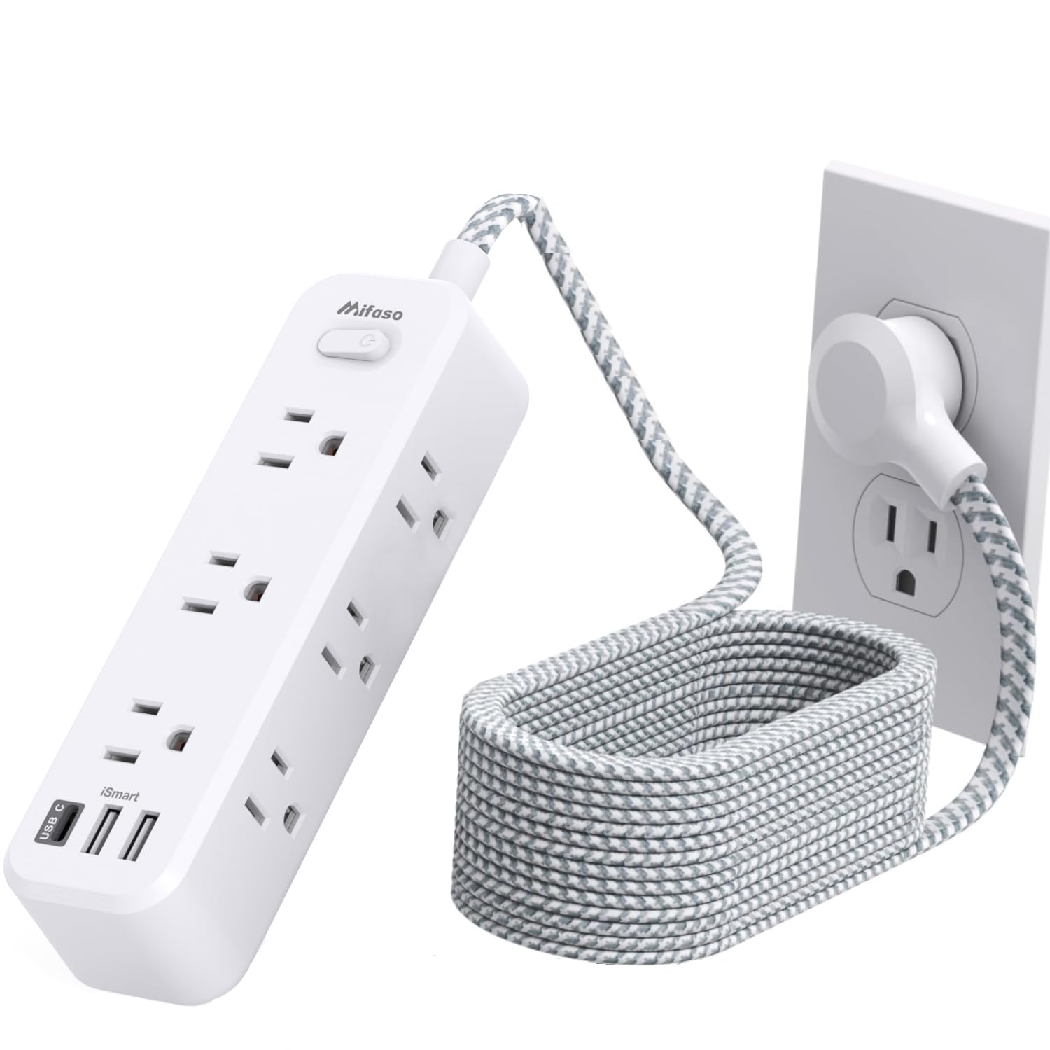 Mifaso Extension Cord, Surge Protector Power Strip, Long Extension Cord with 9 Outlets 3 USB Ports, Extension Cord with Multiple Outlets, USB Power Strip for Dorm Room Essentials, College (20FT,White) Image