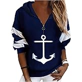 WDIRARA Women's Anchor Graphic Half Zip Hoodie Striped Long Sleeve Hooded Sweatshirt