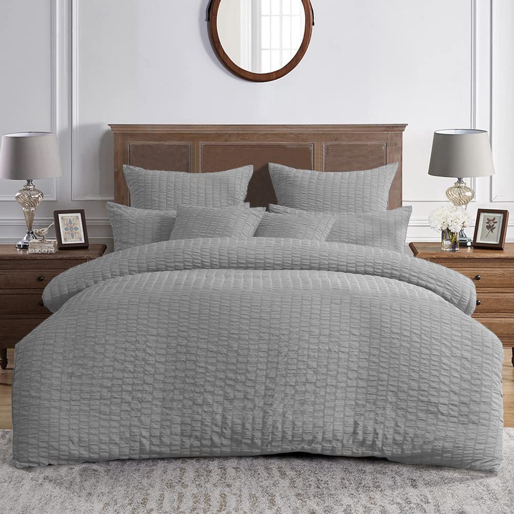 MK Home Textile Seersucker Duvet Cover Set Double Bedding Sets with Pillow Cases 100% Cotton Hotel Quality White Silver Charcoal Pink Grey Quilt Covers Double King SuperKing