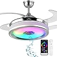BAYSQUIRREL Retractable Bluetooth Ceiling Fan with Speaker, RGB-LED Light Flush Mount Ceiling Fans with Lights,6 Speed Reversible Modern Invisible Ceiling Fan,Remote and APP Control
