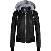 wantdo Women's Lightweight Leather Jacket Casual Motorcycle PU Biker Coat with Removable Hood