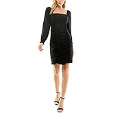Nicole Miller Women's Square Neck Long Sleeved Shirred Little Black Dress, Very Black, 14