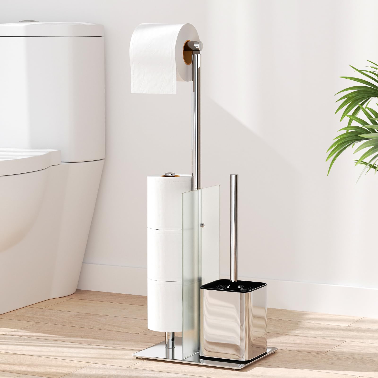 susswiff Toilet Roll Holder with Brush - Stainless Steel Free Standing Glass Baffle, Paper and Brush, Silver (BSP-1482)