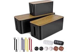 TUWECHEN 3 Pack Cable Management Box with 18 PCS Cable Management Set - Large & Medium & Small Wooden Grain Cable Organizer Box to Hide Wires & Power Strips | TV Cord Organizer Box | for Home & Office(Black)