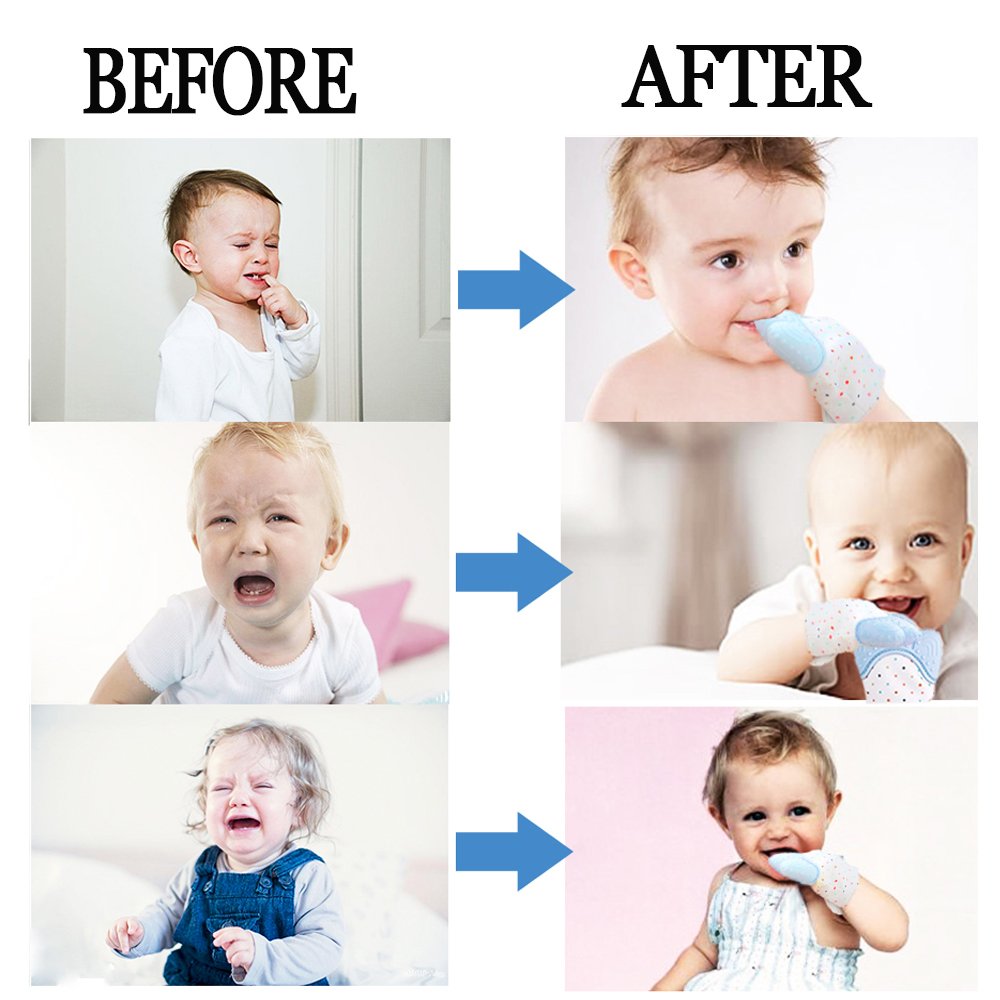 Teething Mitten, SZHSR Baby Self Soothing Teether Mitten BPA Free Teething Pain Relief Toy Wearable for Left & Right Hand for Unisex 2 - 8 Months Babies. (Blue, 2PSC)