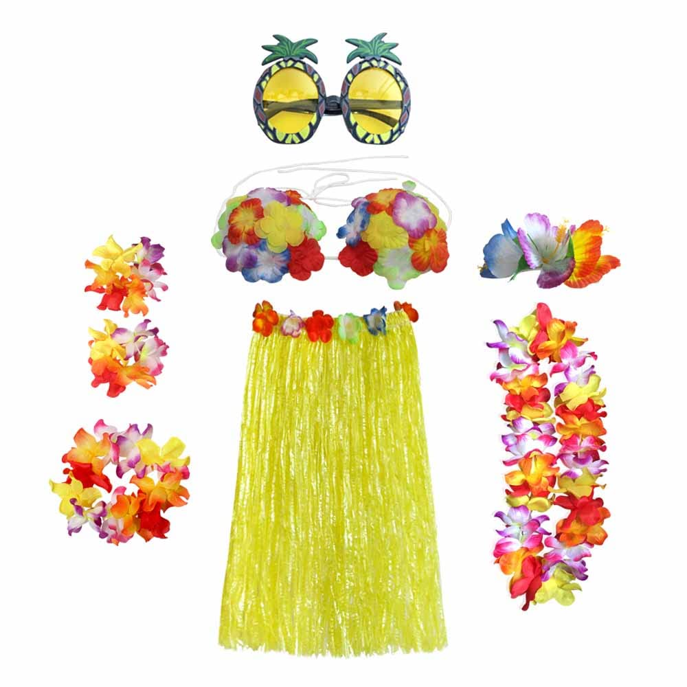 Hawaiian Garlands Hula Costume Accessory Kit - Hula Grass Skirt Lei Flower Lei Luau Garland Pineapple Glasses Necklace Costume Fancy Dress for Women Novelty Luau Skirts Party - 8PCS (Yellow)