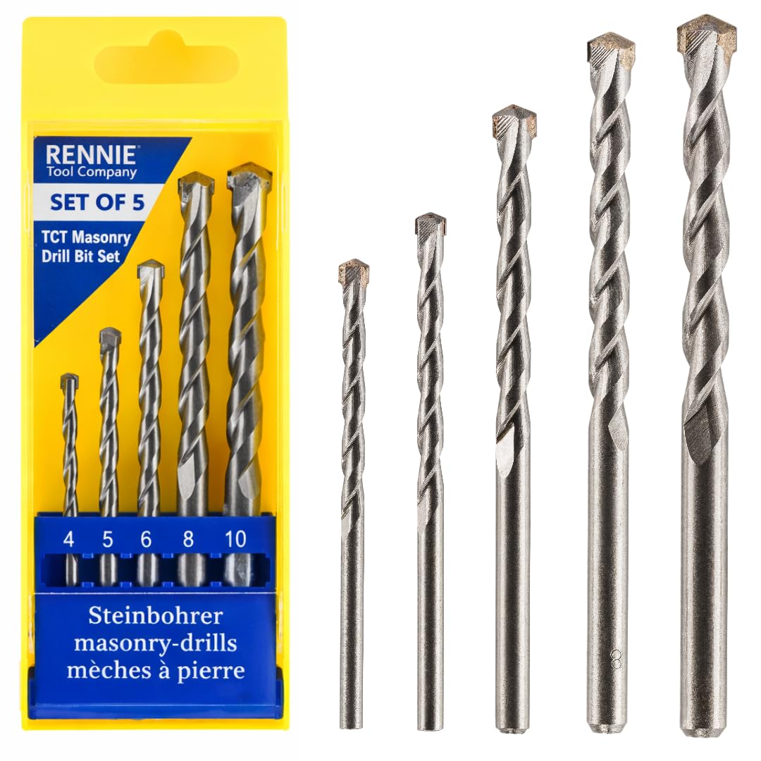 Rennie Tools - 5 Piece (4 5 6 8 10mm) Tungsten Carbide (TCT) Masonry Drill Bit Set for Concrete Brick Porcelain Ceramic Tile Plastic Wood