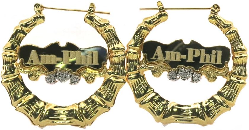 Mertis 18 Gold Plated Bamboo Personalized Name Lined Earrings Hoop Earring-Custom Made By Any Name