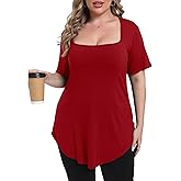Gocolloa Womens Plus Size Tops Tunic Square Neck Short Sleeve Shirts Summer Loose Fit Dressy Casual Blouse