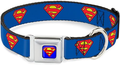 Dog Collar Seatbelt Buckle Superman Shield Blue 18 to 32 Inches 1.5 Inch Wide