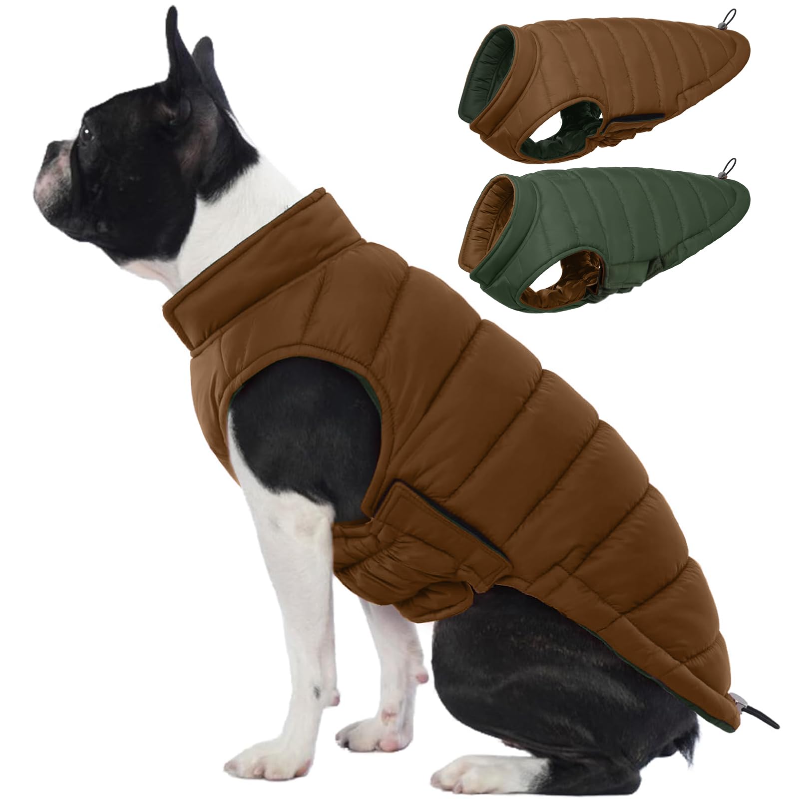 Photo 1 of Lelepet Reversible Dog Coat Waterproof Dog Jacket Windproof Puffer Vest for Winter Warm Lightweight Coats for Small Dogs Adjustbale Hook & Loop Pet Apparel with Leash Hole, Pug, Brown, M