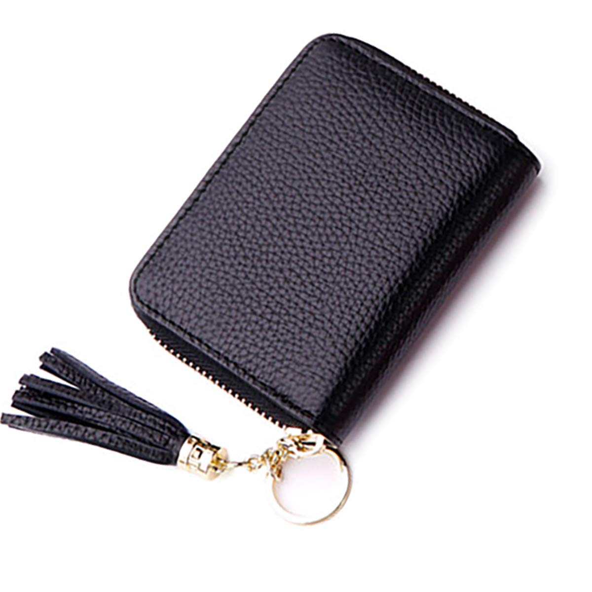 ZhengYue Credit Card Holder Blocking PU Leather Mini Credit Card Wallet Purse Key Chain with Zipper for Women Men Black