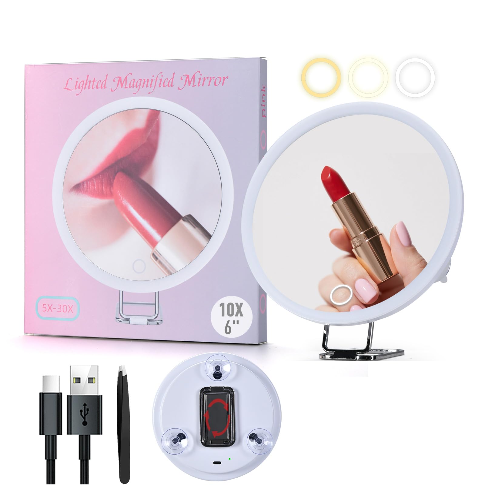 Photo 1 of saiggnyy 6" 10x Magnifying Mirror with Light Suction Cup,Led Close up Makeup Mirror with 360° Stand,3 Color Lighted Personal Mirror 10x,10 Times Functional Zoom Mirrors for Partial Details